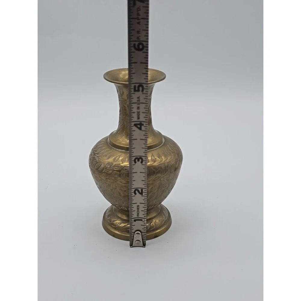 Vintage  Brass Etched Engraved Vase Leaf Motif 5 in Tall  India BOHO